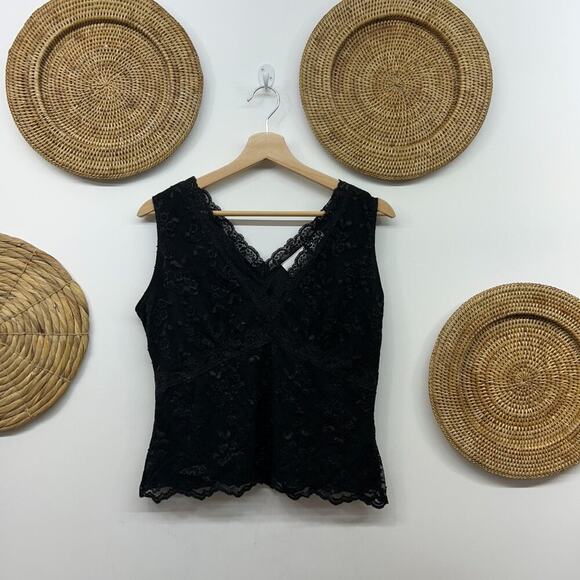 Vintage Y2K 2000s Worthington Black Lace Seamed Cropped Tank Top LP Large PETITE - Picture 2 of 6